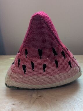 Watermelon Needlepoint Pillow / Lightly Weighted Shelf Decor - Pink Red Green